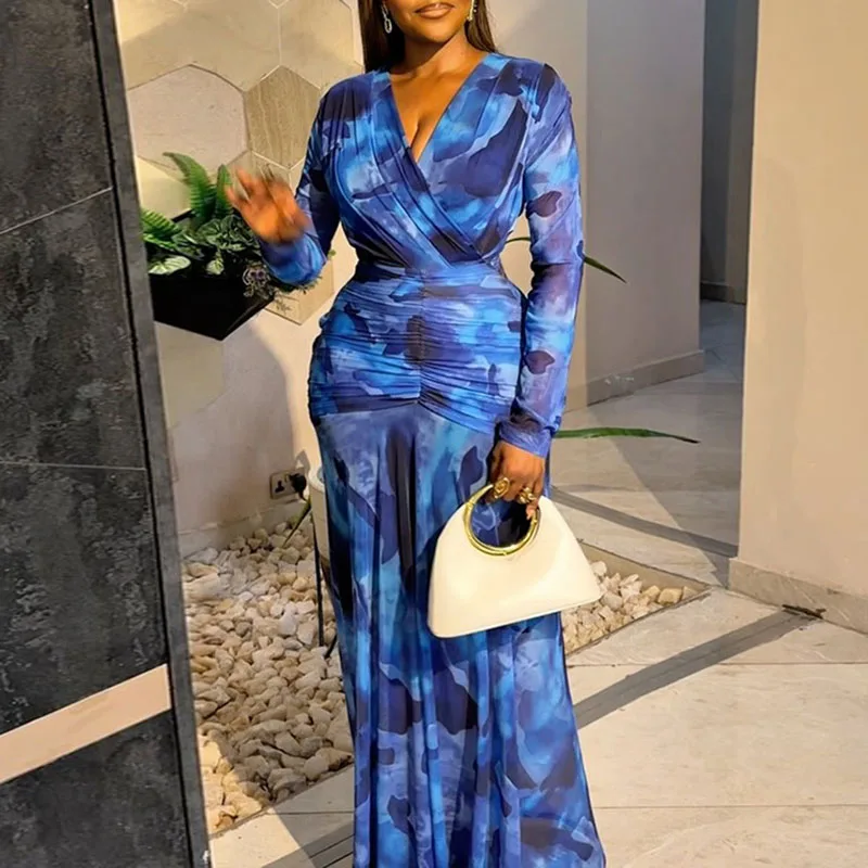 Sexy V Neck Wrap Hip Party Dresses Blue Pattern Printed Slim Fit Robe Dress Early Autumn Long Sleeved Pleated Commuting Dress