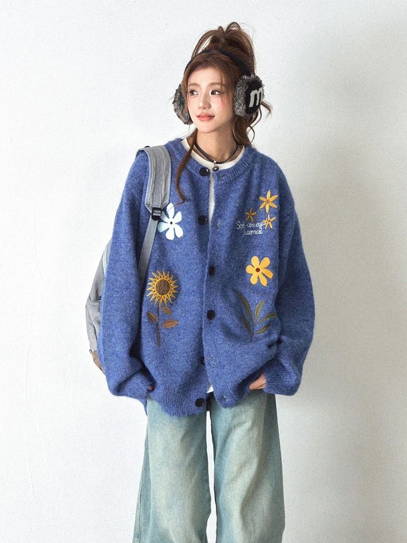 Women Cute Floral Print Cardigan Oversized Knit Sweater Button Down Crew Neck Streetwear Loose Winter Casual Coat Top