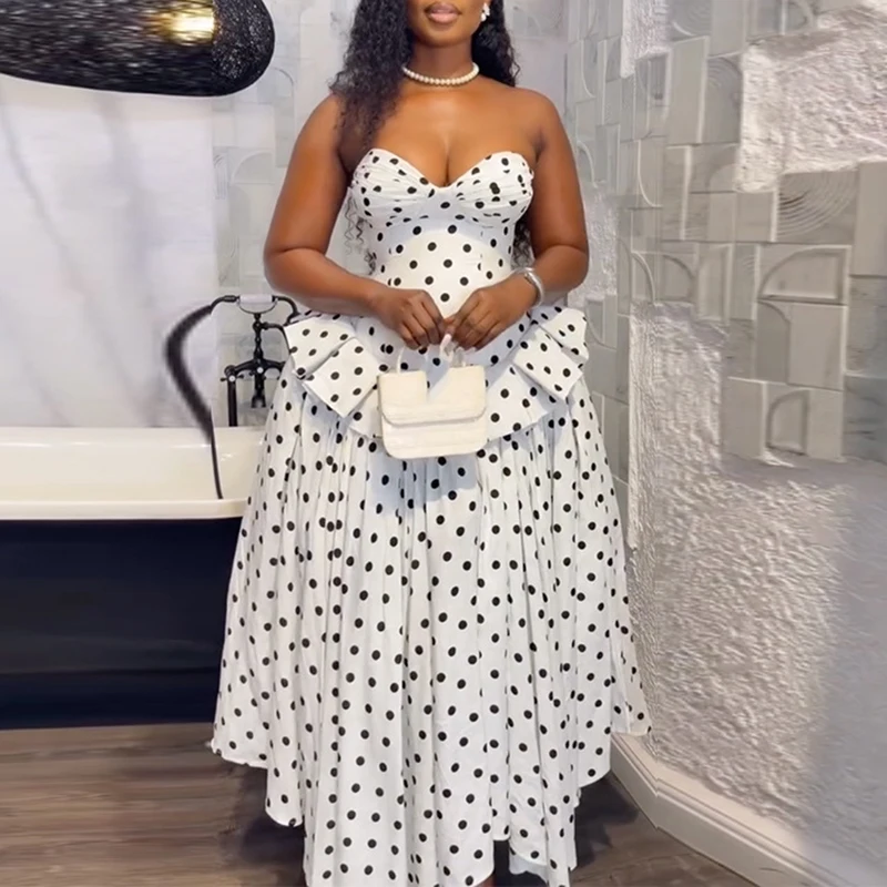 Polka Dot Print Design Slim Fit Prom Dress Strapless High Waisted Swing Women's Long Dress Backless Bandage Elegant Evening Gown