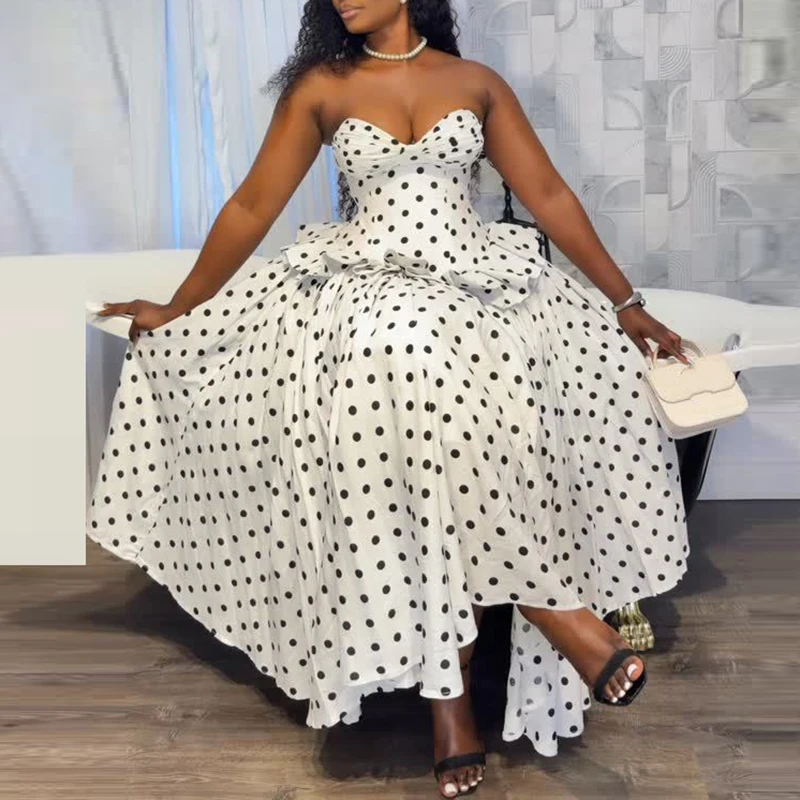 Polka Dot Print Design Slim Fit Prom Dress Strapless High Waisted Swing Women's Long Dress Backless Bandage Elegant Evening Gown
