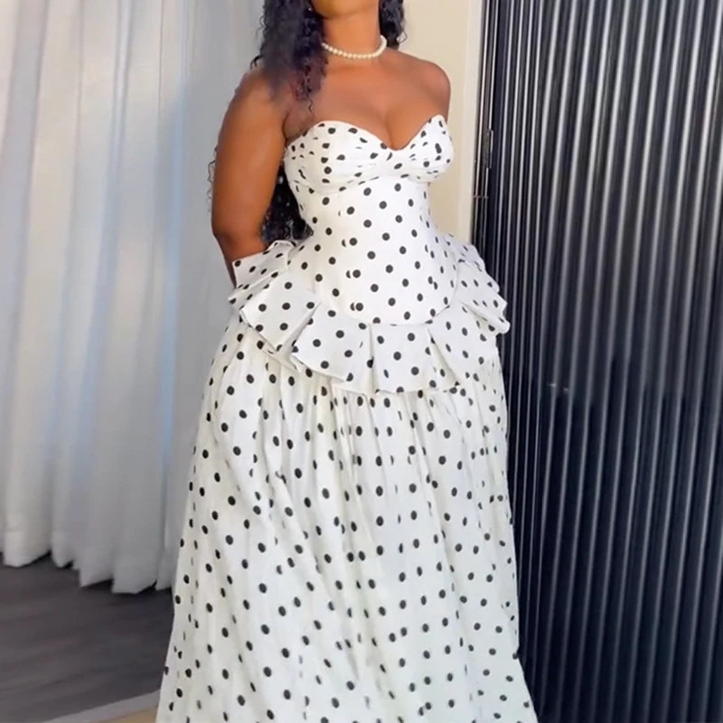 Polka Dot Print Design Slim Fit Prom Dress Strapless High Waisted Swing Women's Long Dress Backless Bandage Elegant Evening Gown