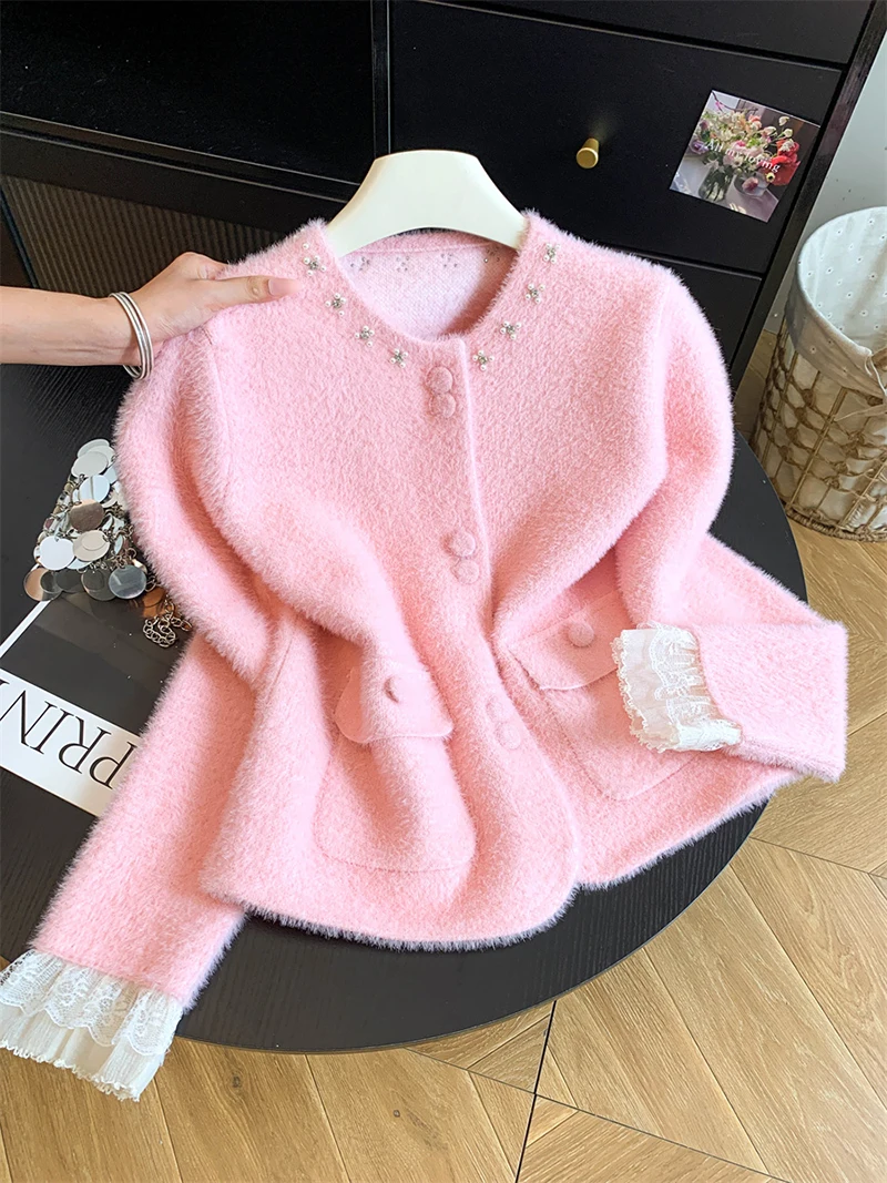 Women Elegant Sweet Cardigan Fashion O Neck Pearls Diamond Knitted Sweater Fall Winter Preppy Style Lace Patchwork Cute Top Coat
