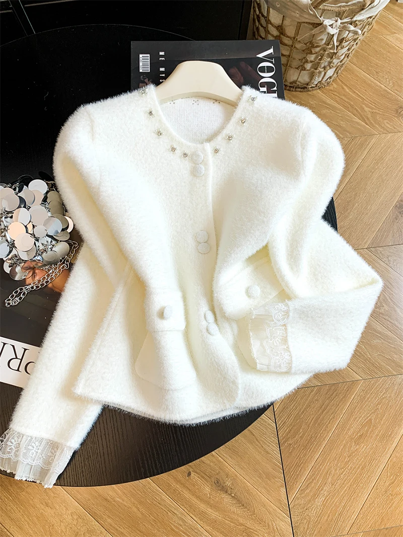 Women Elegant Sweet Cardigan Fashion O Neck Pearls Diamond Knitted Sweater Fall Winter Preppy Style Lace Patchwork Cute Top Coat
