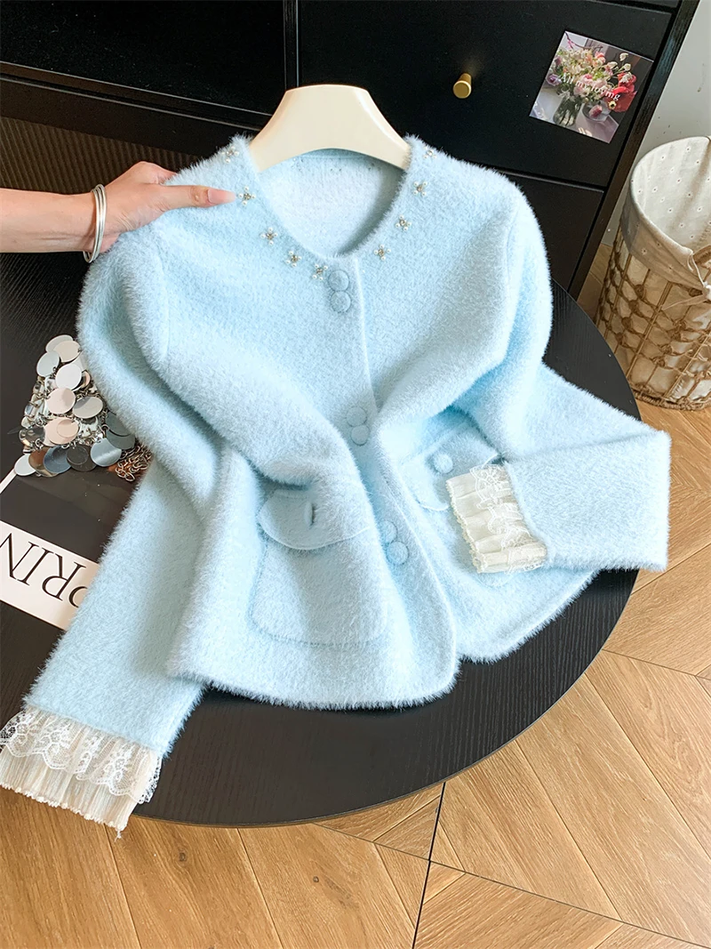 Women Elegant Sweet Cardigan Fashion O Neck Pearls Diamond Knitted Sweater Fall Winter Preppy Style Lace Patchwork Cute Top Coat