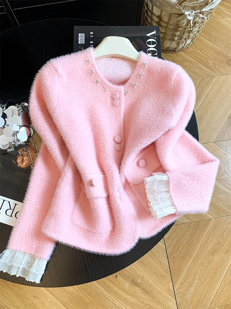 Women Elegant Sweet Cardigan Fashion O Neck Pearls Diamond Knitted Sweater Fall Winter Preppy Style Lace Patchwork Cute Top Coat