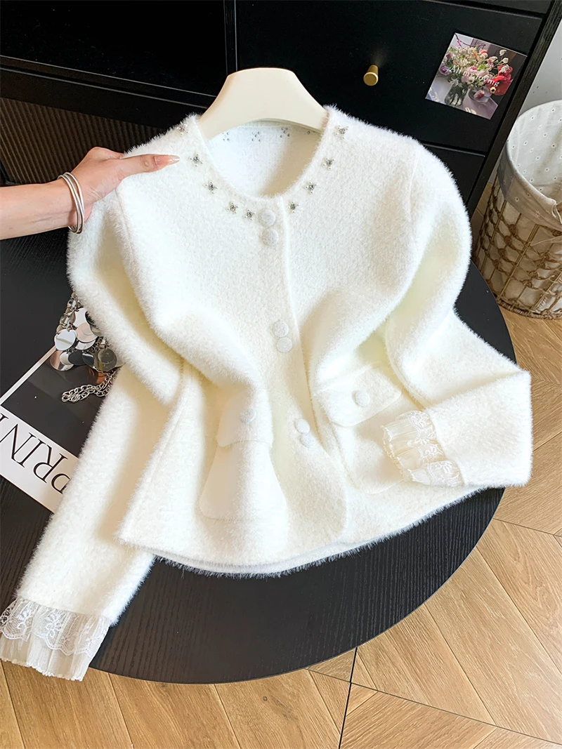 Women Elegant Sweet Cardigan Fashion O Neck Pearls Diamond Knitted Sweater Fall Winter Preppy Style Lace Patchwork Cute Top Coat