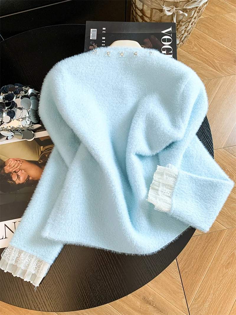 Women Elegant Sweet Cardigan Fashion O Neck Pearls Diamond Knitted Sweater Fall Winter Preppy Style Lace Patchwork Cute Top Coat