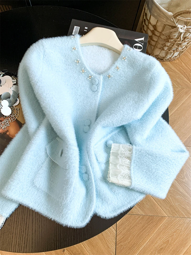 Women Elegant Sweet Cardigan Fashion O Neck Pearls Diamond Knitted Sweater Fall Winter Preppy Style Lace Patchwork Cute Top Coat
