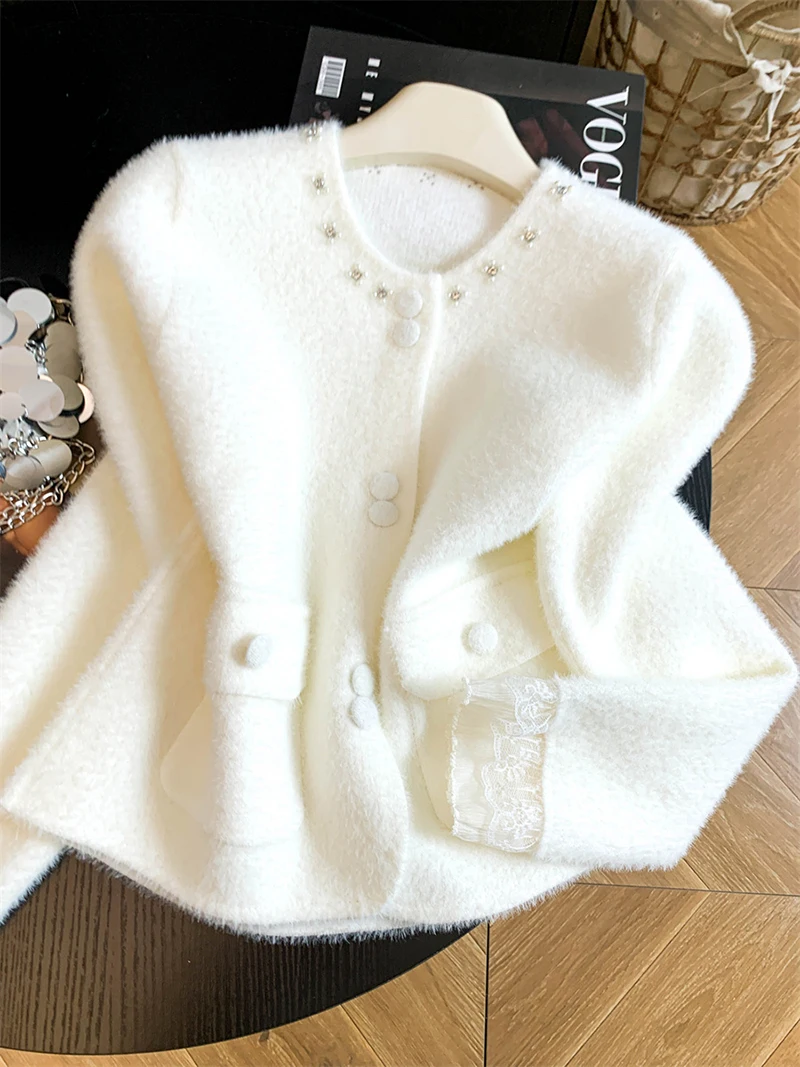Women Elegant Sweet Cardigan Fashion O Neck Pearls Diamond Knitted Sweater Fall Winter Preppy Style Lace Patchwork Cute Top Coat
