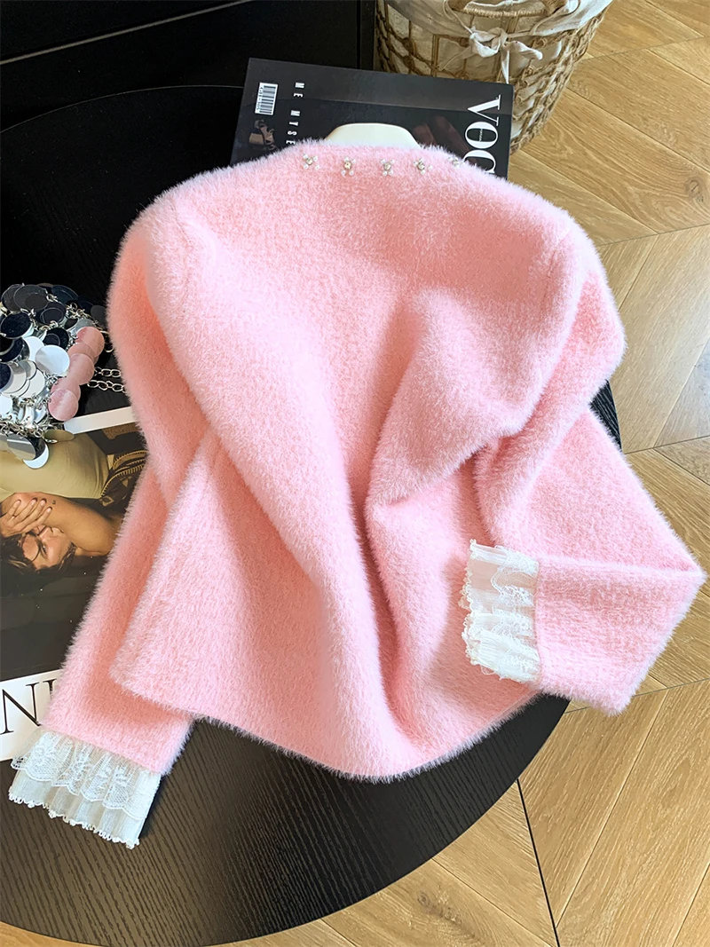 Women Elegant Sweet Cardigan Fashion O Neck Pearls Diamond Knitted Sweater Fall Winter Preppy Style Lace Patchwork Cute Top Coat