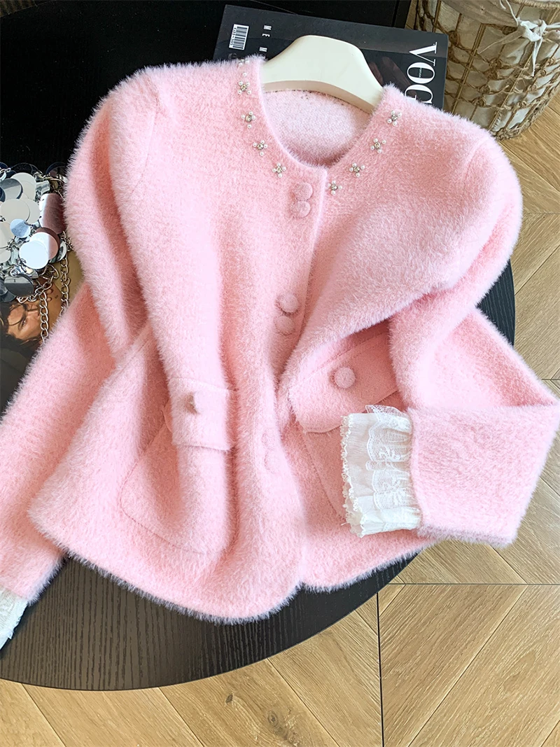 Women Elegant Sweet Cardigan Fashion O Neck Pearls Diamond Knitted Sweater Fall Winter Preppy Style Lace Patchwork Cute Top Coat