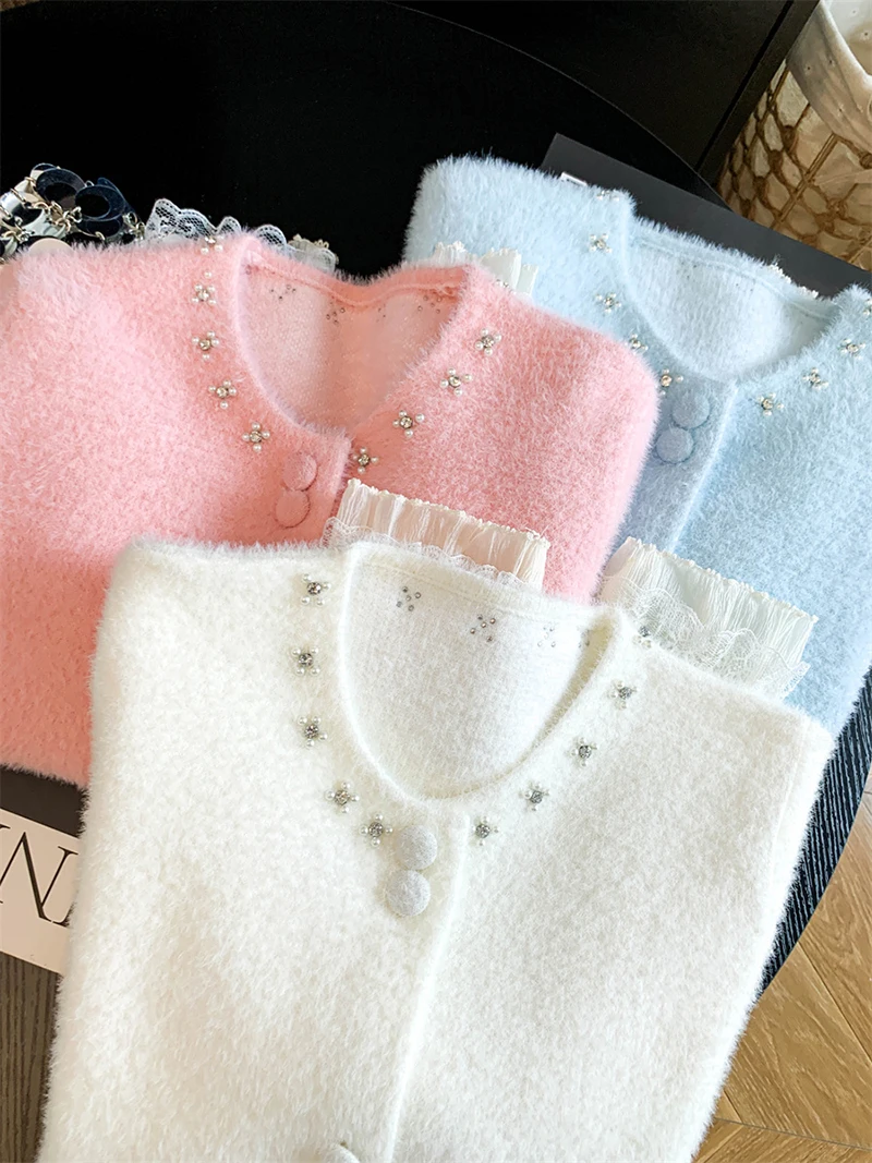 Women Elegant Sweet Cardigan Fashion O Neck Pearls Diamond Knitted Sweater Fall Winter Preppy Style Lace Patchwork Cute Top Coat