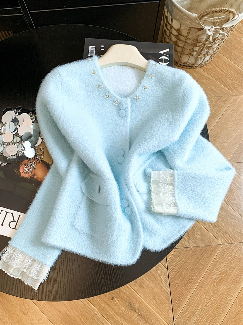 Women Elegant Sweet Cardigan Fashion O Neck Pearls Diamond Knitted Sweater Fall Winter Preppy Style Lace Patchwork Cute Top Coat