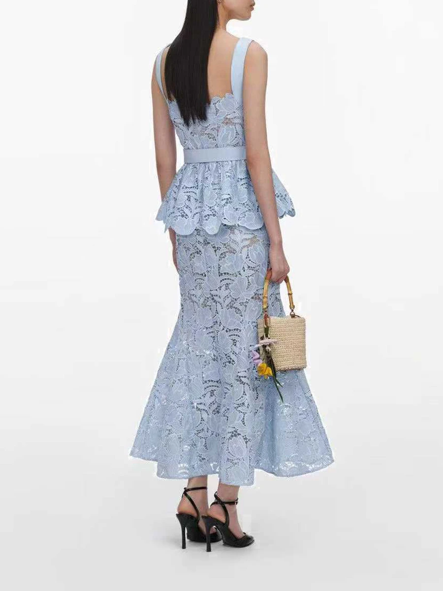 TWOTWINSTYLE Lace Spliced Belt Elegant Midi Dress for Women Square Neck Sleeveless Patchwork Zipper Ruffle Dresses Female New