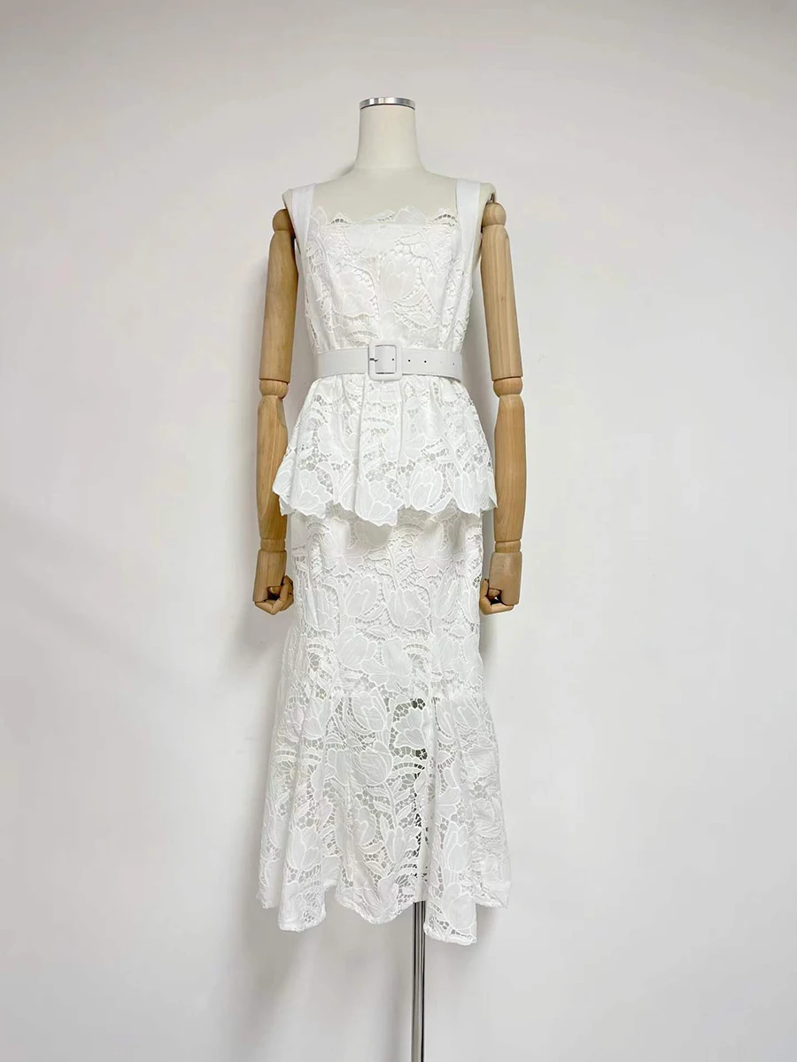 TWOTWINSTYLE Lace Spliced Belt Elegant Midi Dress for Women Square Neck Sleeveless Patchwork Zipper Ruffle Dresses Female New