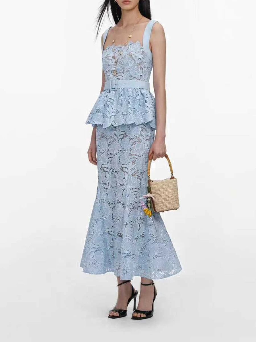 TWOTWINSTYLE Lace Spliced Belt Elegant Midi Dress for Women Square Neck Sleeveless Patchwork Zipper Ruffle Dresses Female New