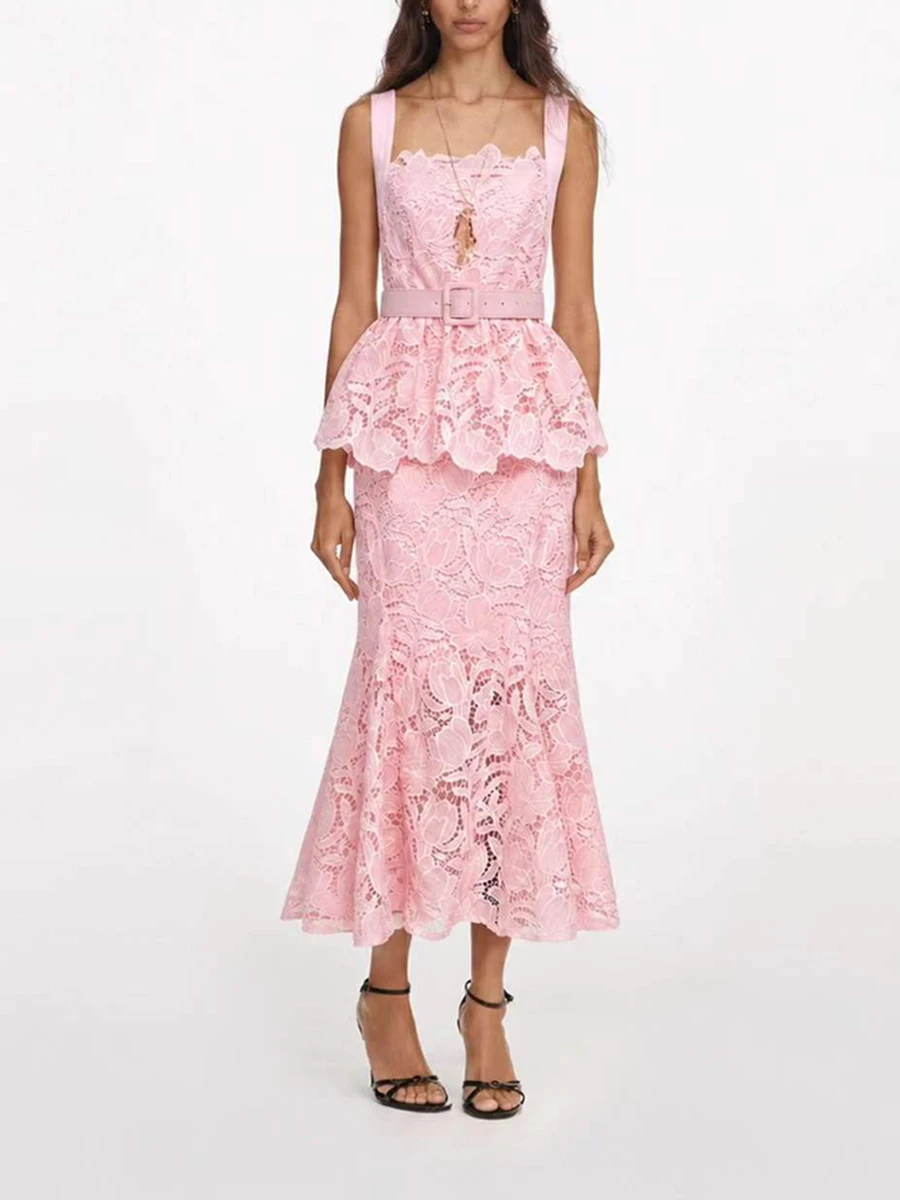 TWOTWINSTYLE Lace Spliced Belt Elegant Midi Dress for Women Square Neck Sleeveless Patchwork Zipper Ruffle Dresses Female New