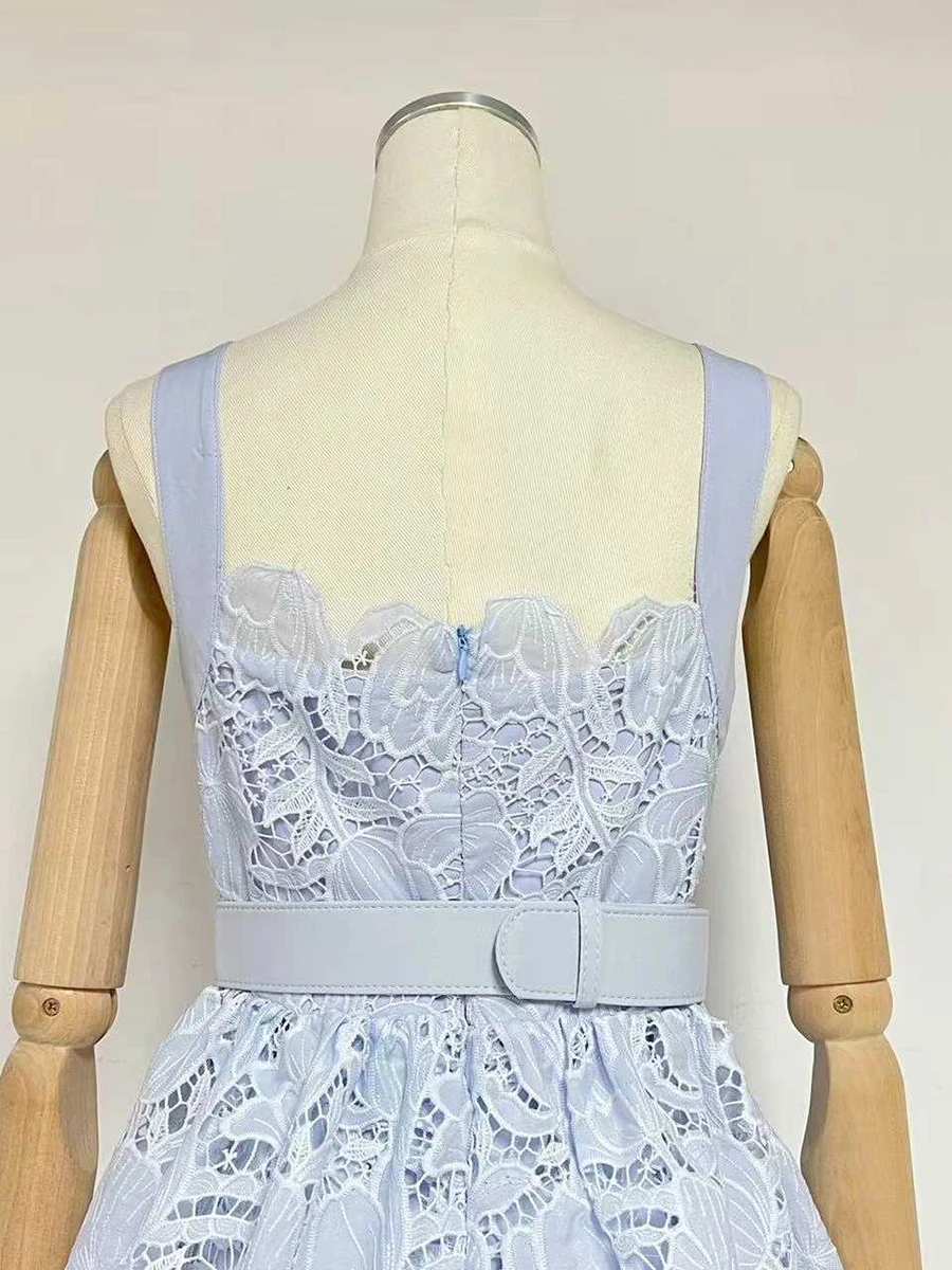 TWOTWINSTYLE Lace Spliced Belt Elegant Midi Dress for Women Square Neck Sleeveless Patchwork Zipper Ruffle Dresses Female New