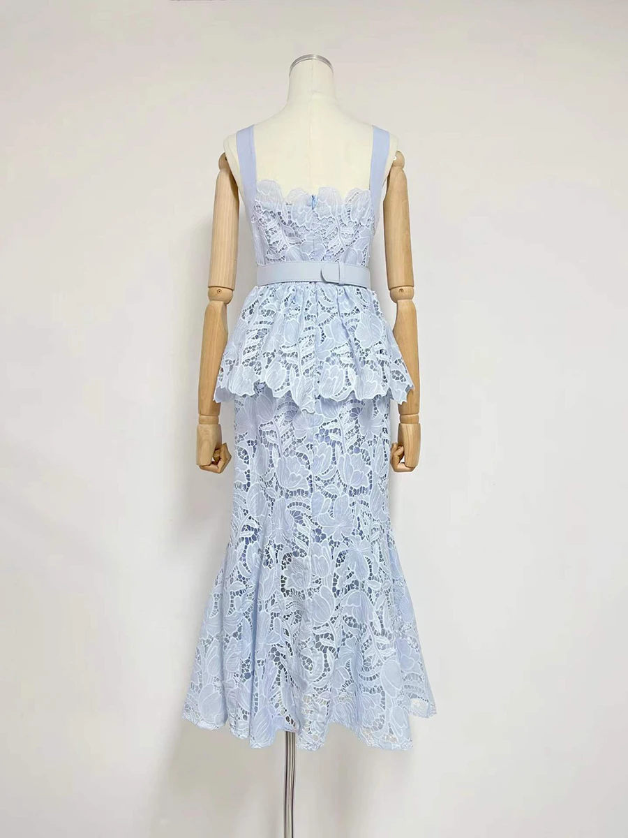 TWOTWINSTYLE Lace Spliced Belt Elegant Midi Dress for Women Square Neck Sleeveless Patchwork Zipper Ruffle Dresses Female New