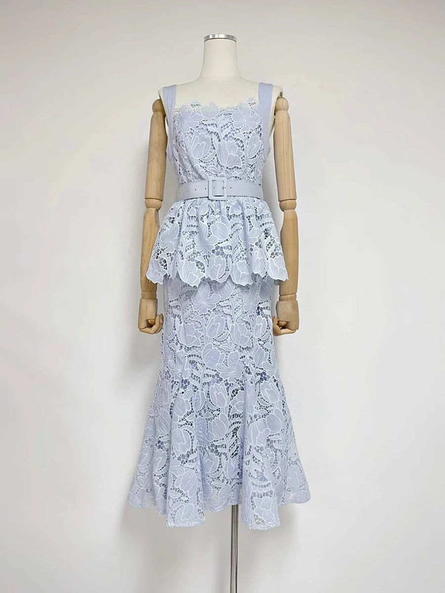 TWOTWINSTYLE Lace Spliced Belt Elegant Midi Dress for Women Square Neck Sleeveless Patchwork Zipper Ruffle Dresses Female New