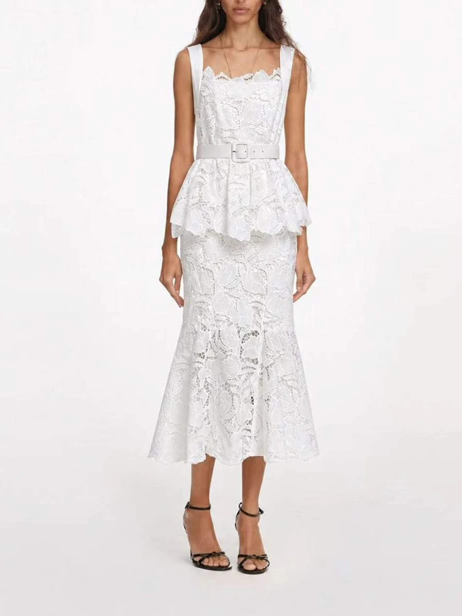 TWOTWINSTYLE Lace Spliced Belt Elegant Midi Dress for Women Square Neck Sleeveless Patchwork Zipper Ruffle Dresses Female New