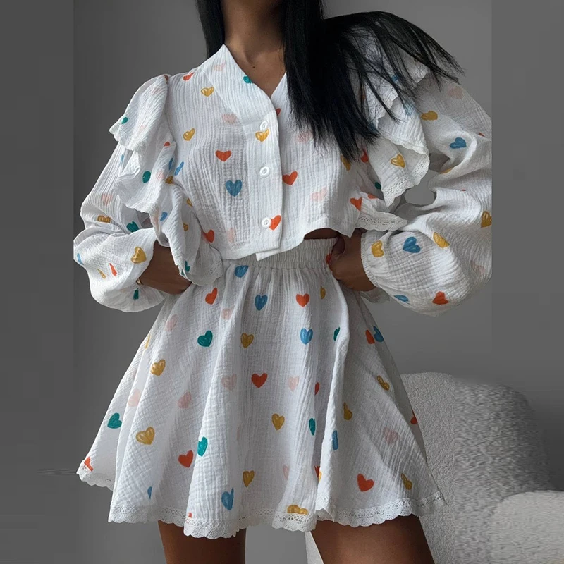 Elegant High Waist Half Skirts Lady Outfit Fashion V-neck Long Sleeve Shirts&Skirts Sets Casual Women's Hollow Out Vacation Sets