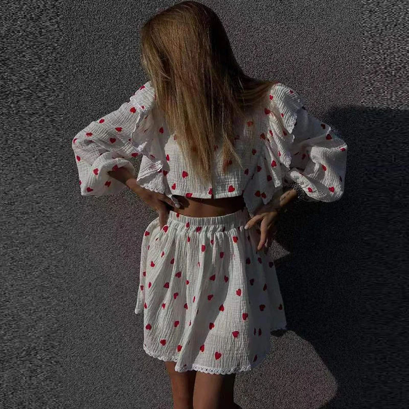 Elegant High Waist Half Skirts Lady Outfit Fashion V-neck Long Sleeve Shirts&Skirts Sets Casual Women's Hollow Out Vacation Sets