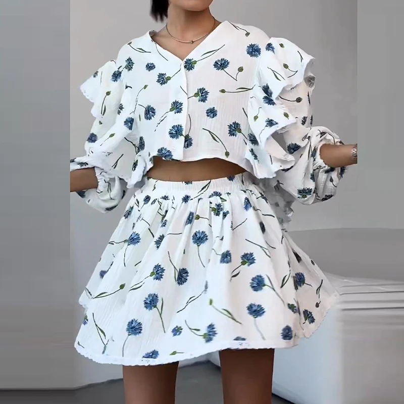 Elegant High Waist Half Skirts Lady Outfit Fashion V-neck Long Sleeve Shirts&Skirts Sets Casual Women's Hollow Out Vacation Sets