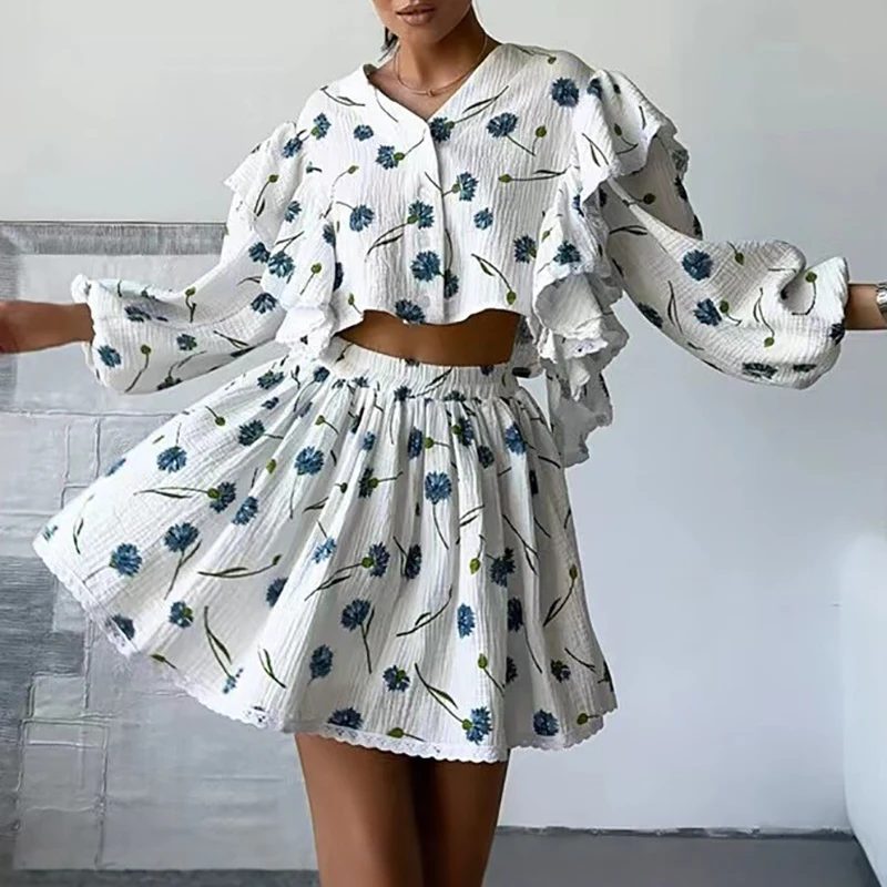 Elegant High Waist Half Skirts Lady Outfit Fashion V-neck Long Sleeve Shirts&Skirts Sets Casual Women's Hollow Out Vacation Sets