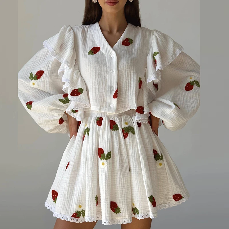 Elegant High Waist Half Skirts Lady Outfit Fashion V-neck Long Sleeve Shirts&Skirts Sets Casual Women's Hollow Out Vacation Sets
