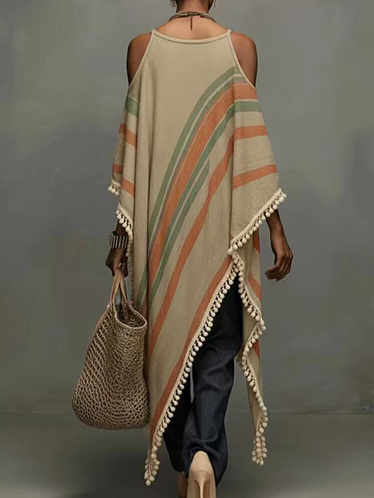 Women's Striped Tassel Patchwork Loose Blouse Autumn Hollow out Fashion Maxi Top Elegant Simple Holiday Ladies Shirt Blusas 2026