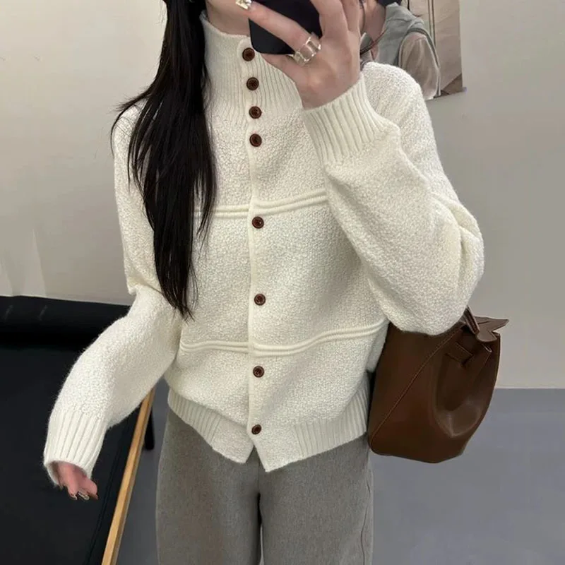 Autumn Winter New Knit Cardigans Female Casual Loose Turtleneck Knitted Button Sweater Woman Soft Thicken Warm Knitwear Jacket