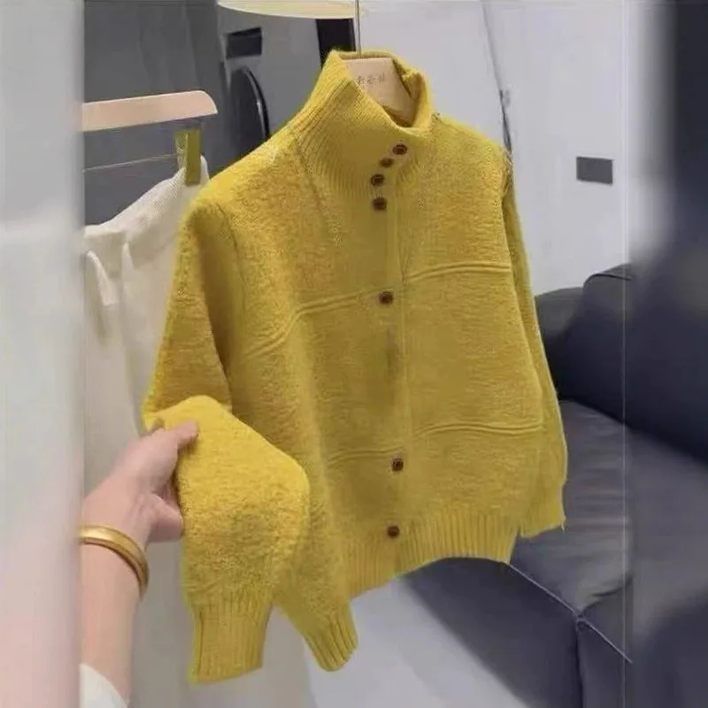 Autumn Winter New Knit Cardigans Female Casual Loose Turtleneck Knitted Button Sweater Woman Soft Thicken Warm Knitwear Jacket