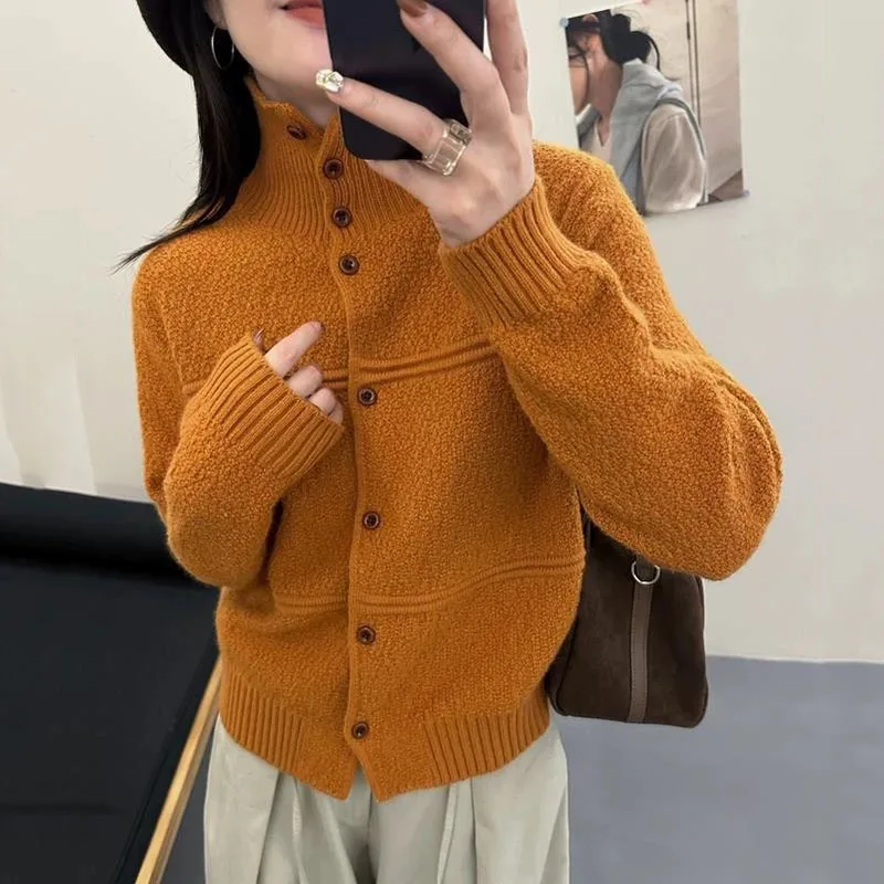 Autumn Winter New Knit Cardigans Female Casual Loose Turtleneck Knitted Button Sweater Woman Soft Thicken Warm Knitwear Jacket