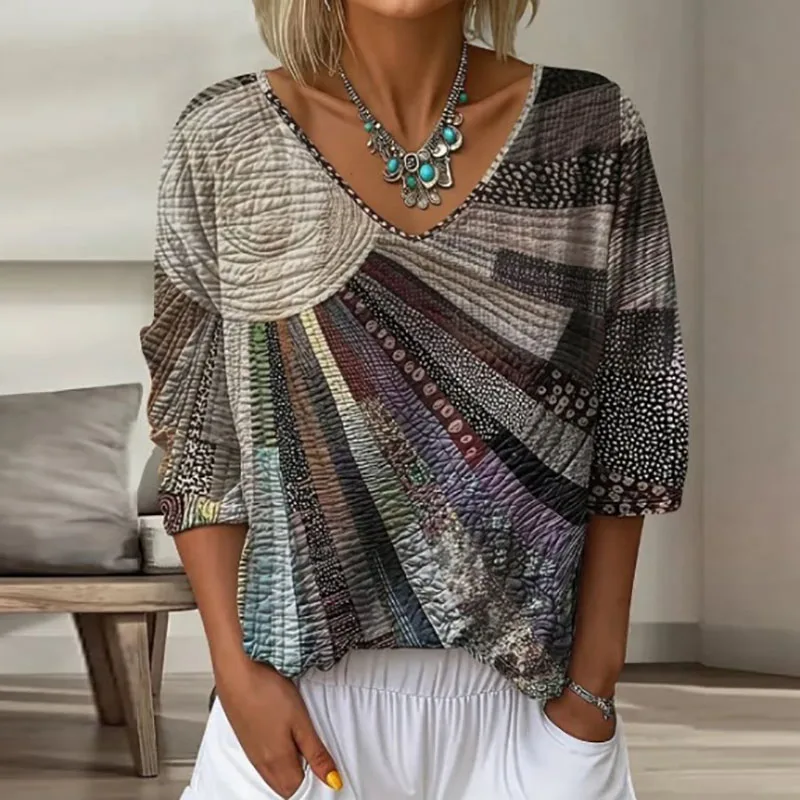 2026 Casual Streetwear Shirt Harajuku Vintage Geometric Print Loose Women's Blouse Elegant V Neck 3/4 Sleeve Autumn Top Pullover