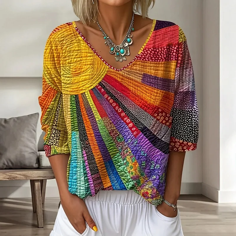 2026 Casual Streetwear Shirt Harajuku Vintage Geometric Print Loose Women's Blouse Elegant V Neck 3/4 Sleeve Autumn Top Pullover