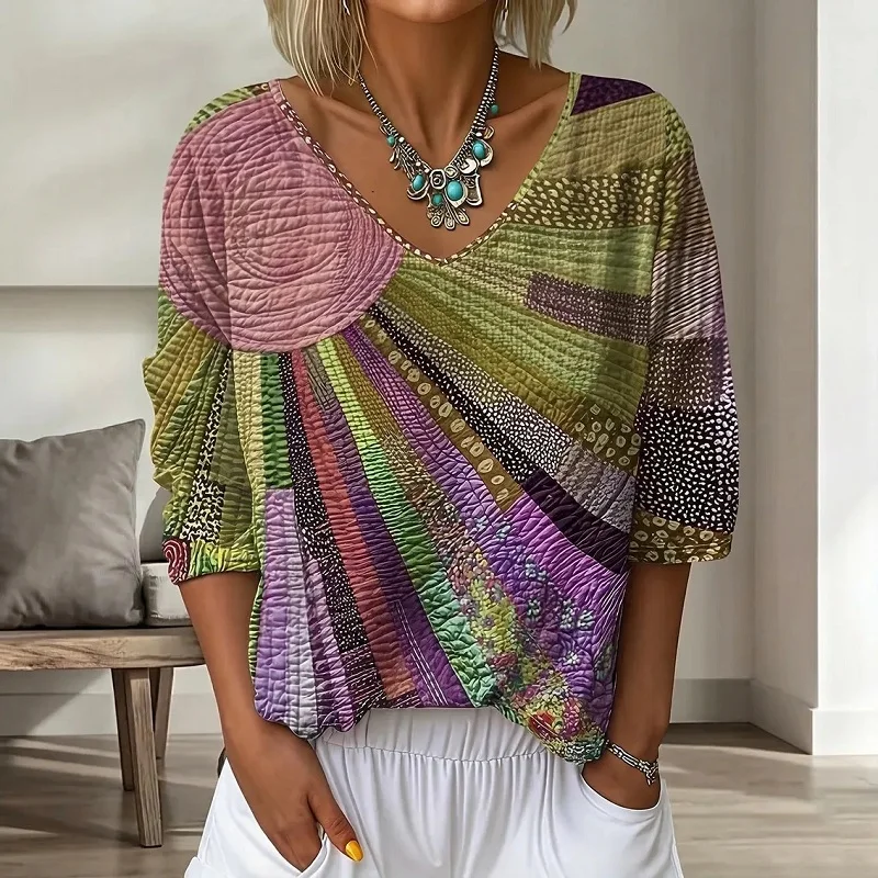 2026 Casual Streetwear Shirt Harajuku Vintage Geometric Print Loose Women's Blouse Elegant V Neck 3/4 Sleeve Autumn Top Pullover
