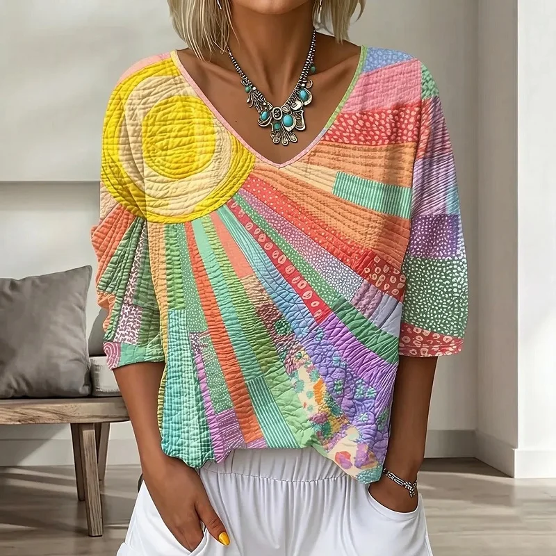 2026 Casual Streetwear Shirt Harajuku Vintage Geometric Print Loose Women's Blouse Elegant V Neck 3/4 Sleeve Autumn Top Pullover