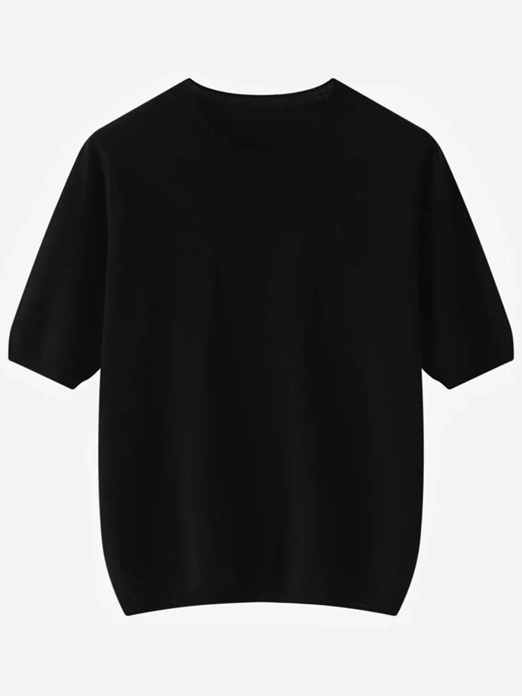 Pure Wool O Neck Loose Half Sleeve Pullover for Women Solid Simple Spring Autumn Knit Top