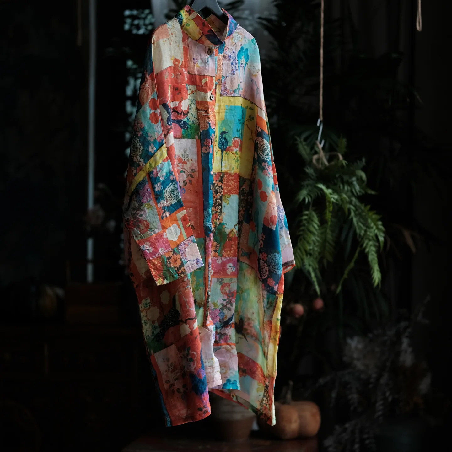 100% Ramie Women Casual Long Shirt New Arrival 2026 Autumn Vintage Style Floral Print Loose Comfortable Female Shirt Dress M2911