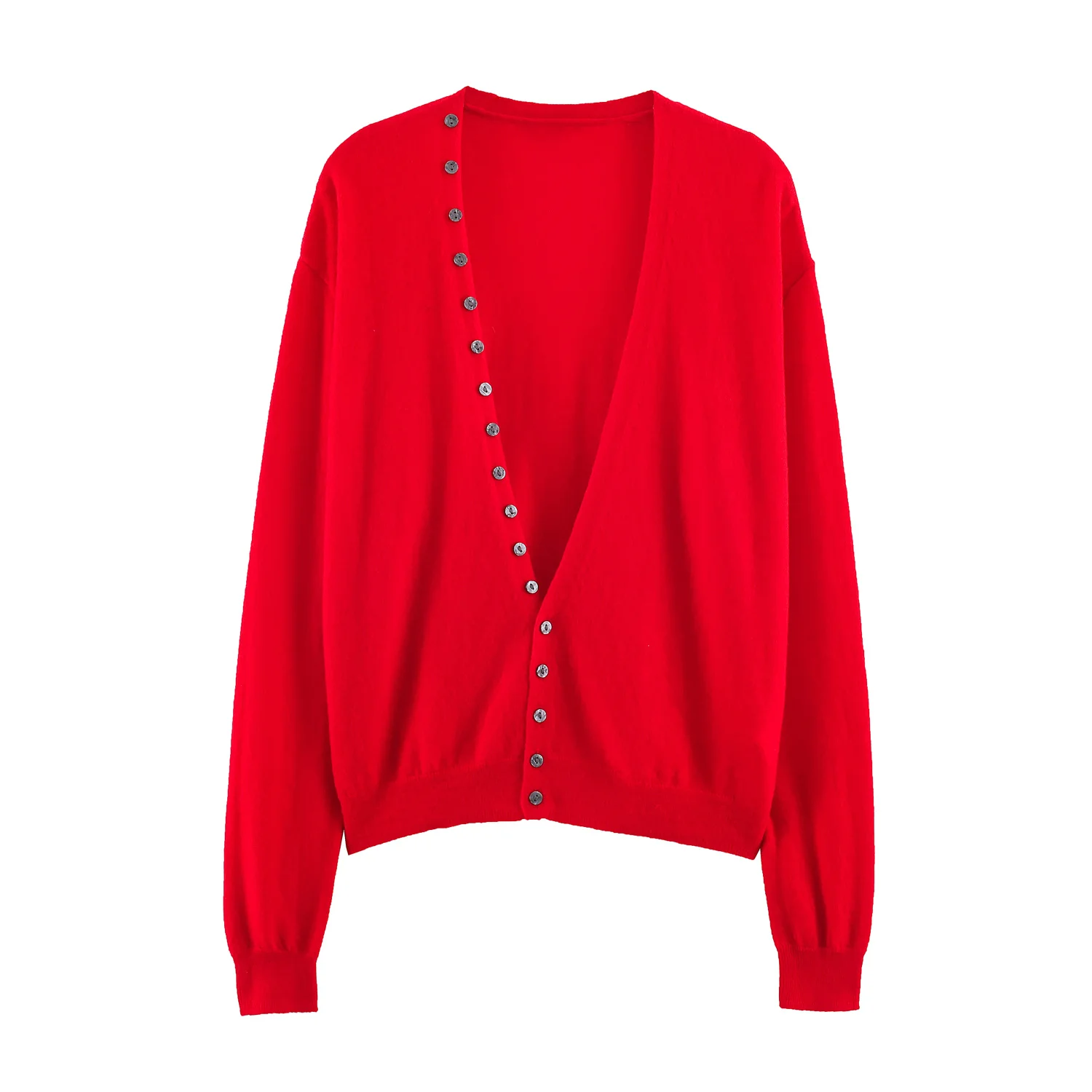 YENKYE New Autumn Women Red Deep V Neck Knit Cardigan Asymmetric Button Loose Long Sleeve Casual Sweater Coat