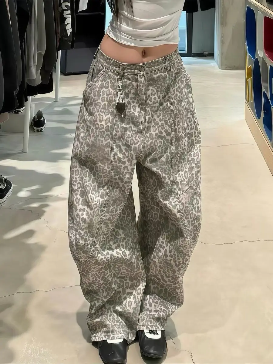 Leopard Print Curved Barrel Sickle Jeans Women Spring Summer Loose Washed Light Color Retro Streetwear Pants