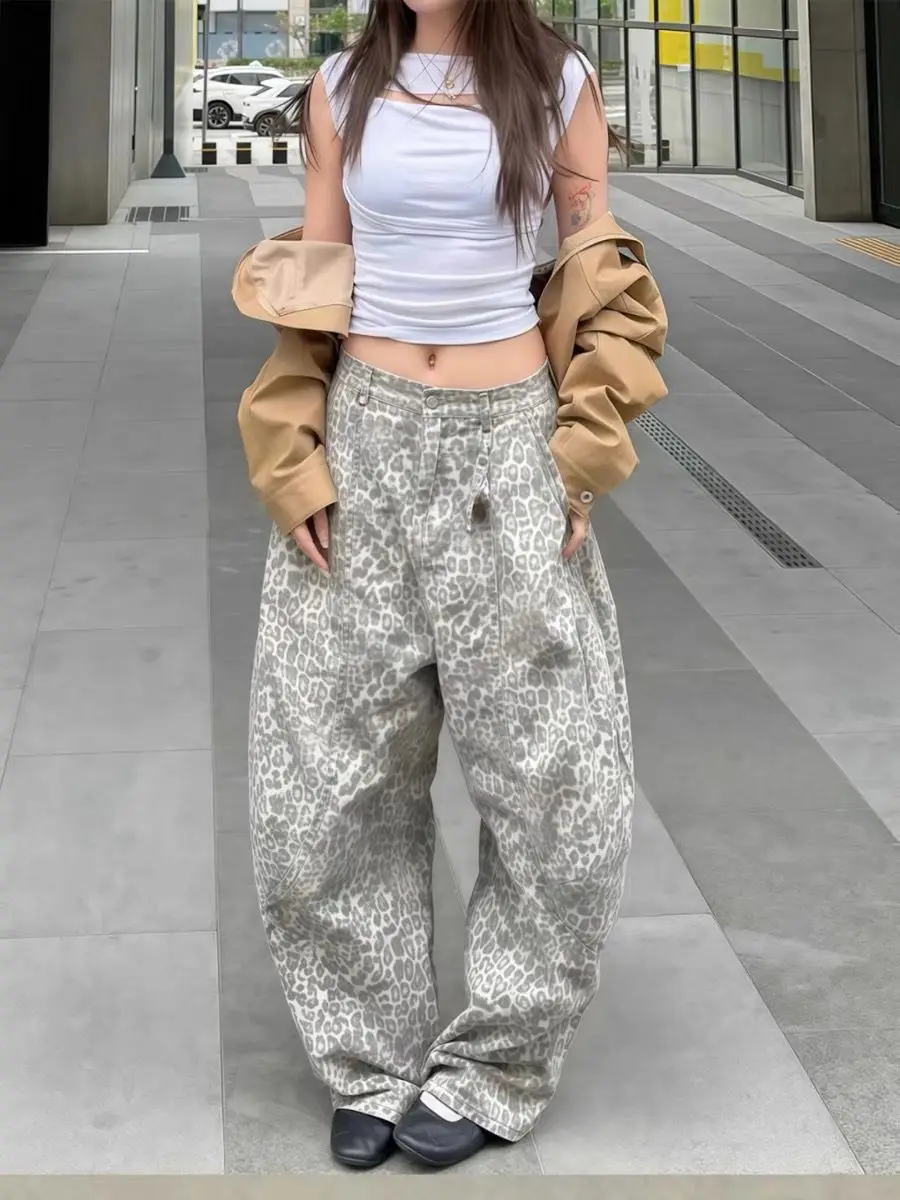 Leopard Print Curved Barrel Sickle Jeans Women Spring Summer Loose Washed Light Color Retro Streetwear Pants
