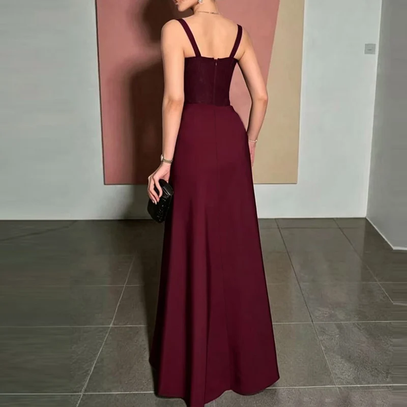 Ladies Sexy Square Collar Lace Evening Dress Spring High Waist Patchwork Draped Long Dress Summer Backless Zips Strap Maxi Dress