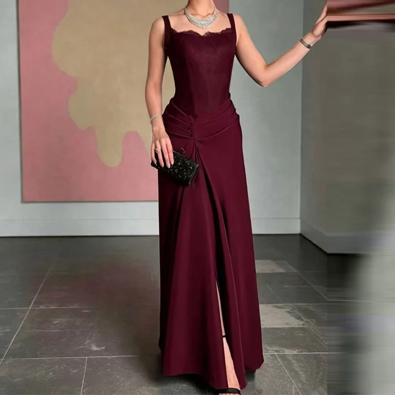 Ladies Sexy Square Collar Lace Evening Dress Spring High Waist Patchwork Draped Long Dress Summer Backless Zips Strap Maxi Dress
