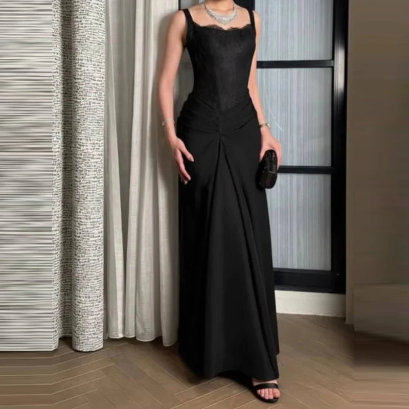 Ladies Sexy Square Collar Lace Evening Dress Spring High Waist Patchwork Draped Long Dress Summer Backless Zips Strap Maxi Dress