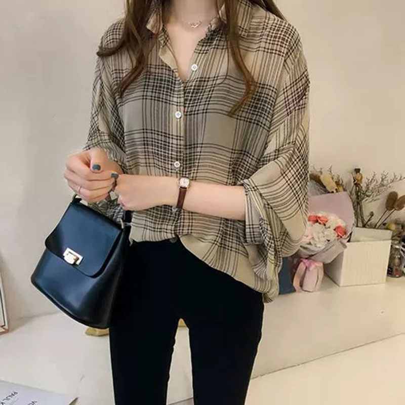 Autumn New Large Size Plaid Blouse Female Vintage Streetwear Loose Thin Out Wear Chiffon Shirts Chic Lantern Sleeve Casual Shirt