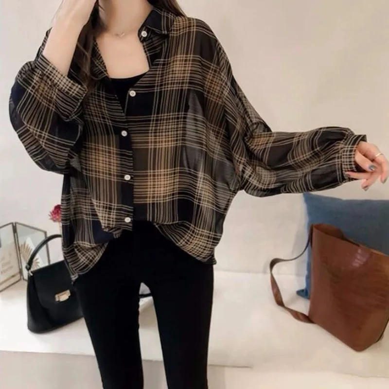Autumn New Large Size Plaid Blouse Female Vintage Streetwear Loose Thin Out Wear Chiffon Shirts Chic Lantern Sleeve Casual Shirt