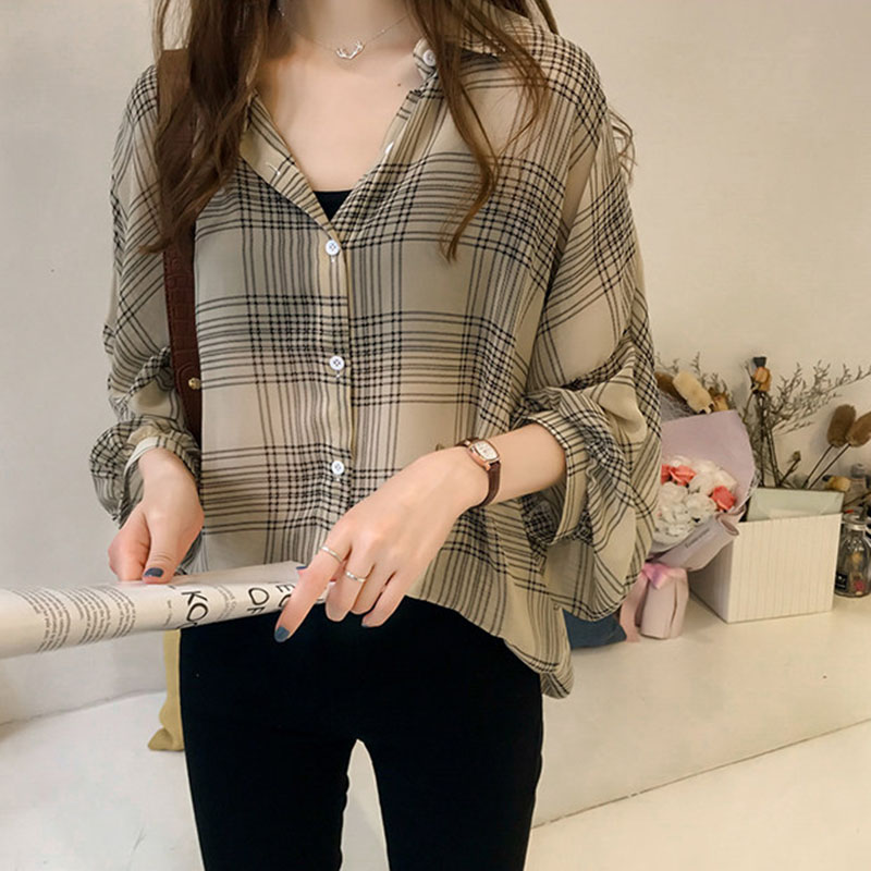 Autumn New Large Size Plaid Blouse Female Vintage Streetwear Loose Thin Out Wear Chiffon Shirts Chic Lantern Sleeve Casual Shirt