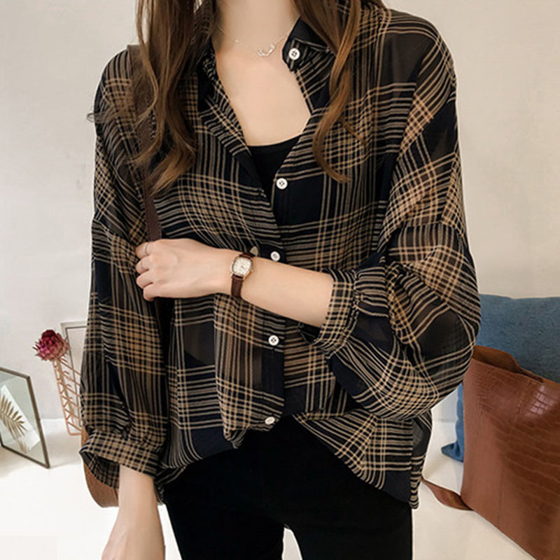 Autumn New Large Size Plaid Blouse Female Vintage Streetwear Loose Thin Out Wear Chiffon Shirts Chic Lantern Sleeve Casual Shirt